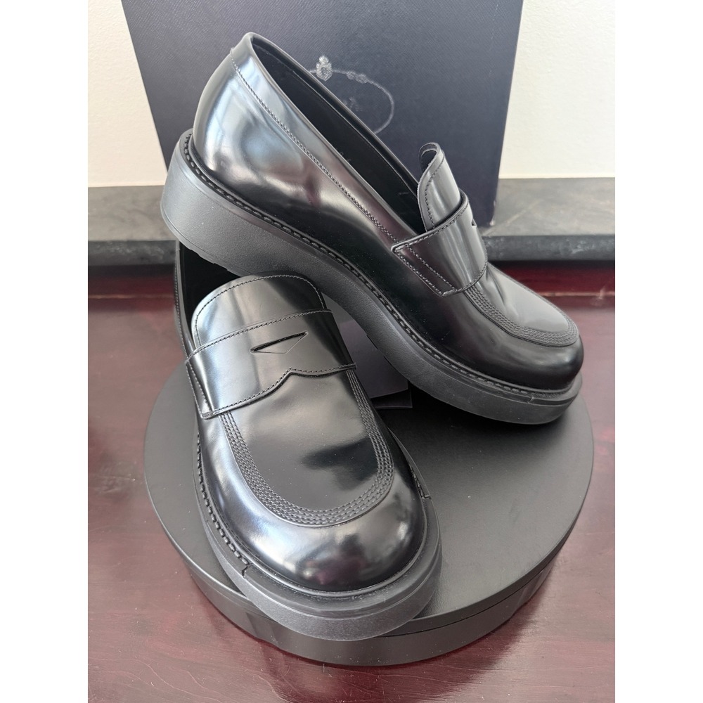 Prada 2DG149 Mens Black Leather Penny Loafer Lug Sole Shoes Size 6 Made in Italy - Picture 9 of 10